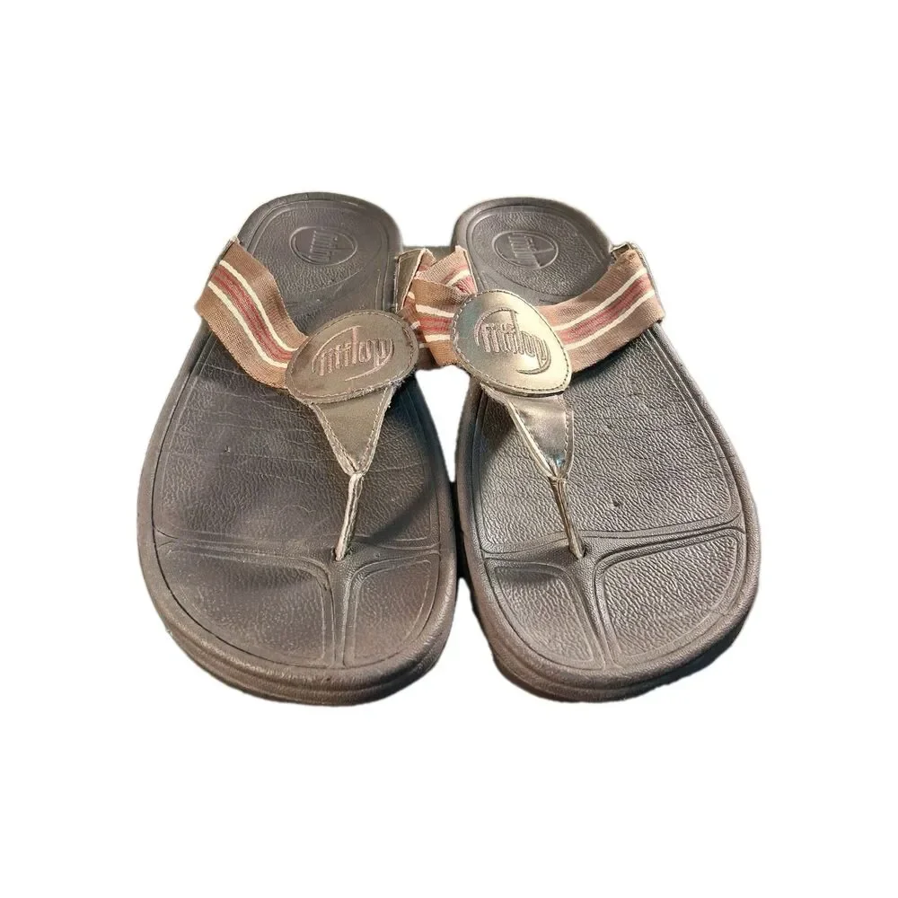 Women's FitFlop Brown Stripe Thong Webbing Leather Sandal Women's Size 8